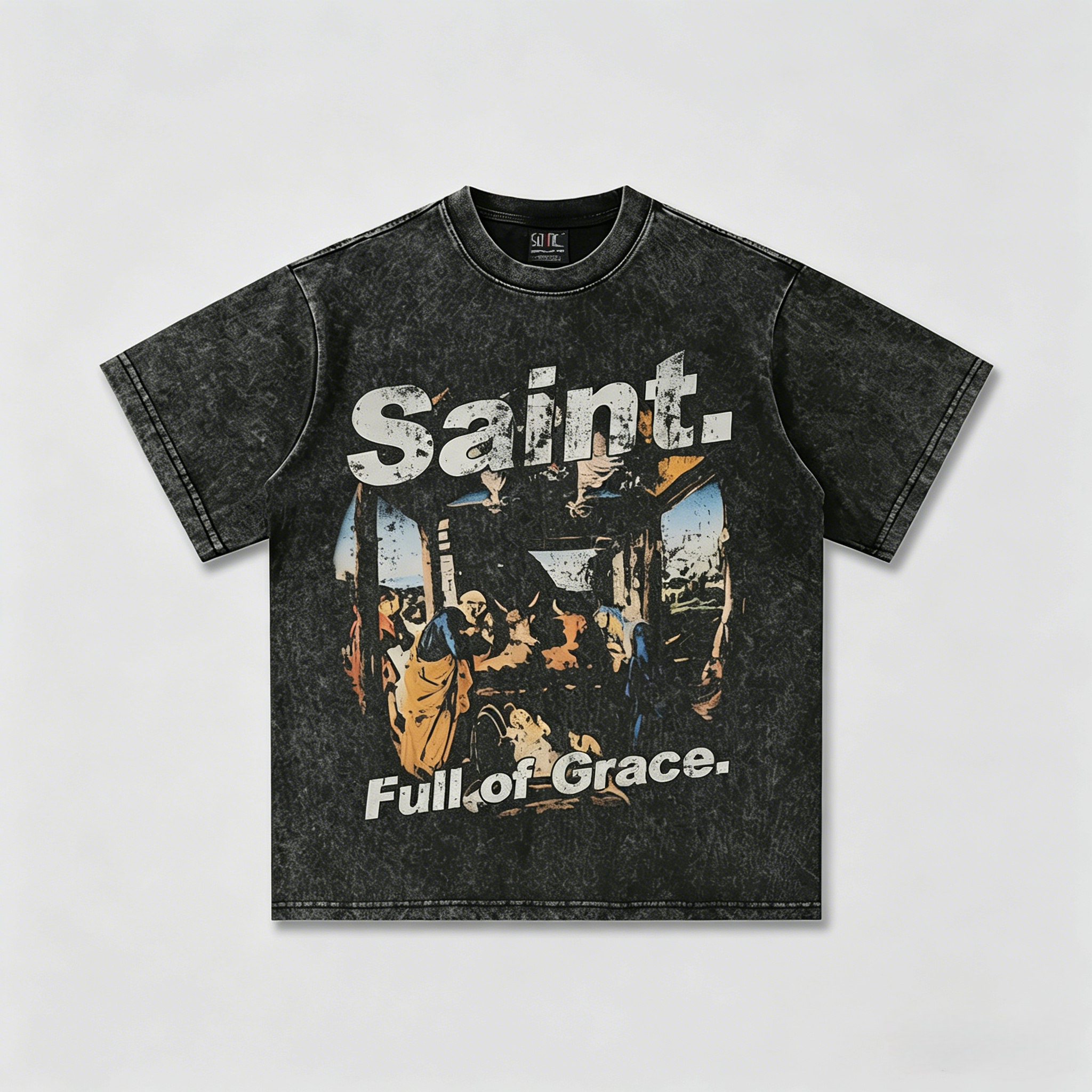 Vintage Distressed Washed "Saint. Full of Grace" Heavyweight Oversized T-Shirt - Image 3