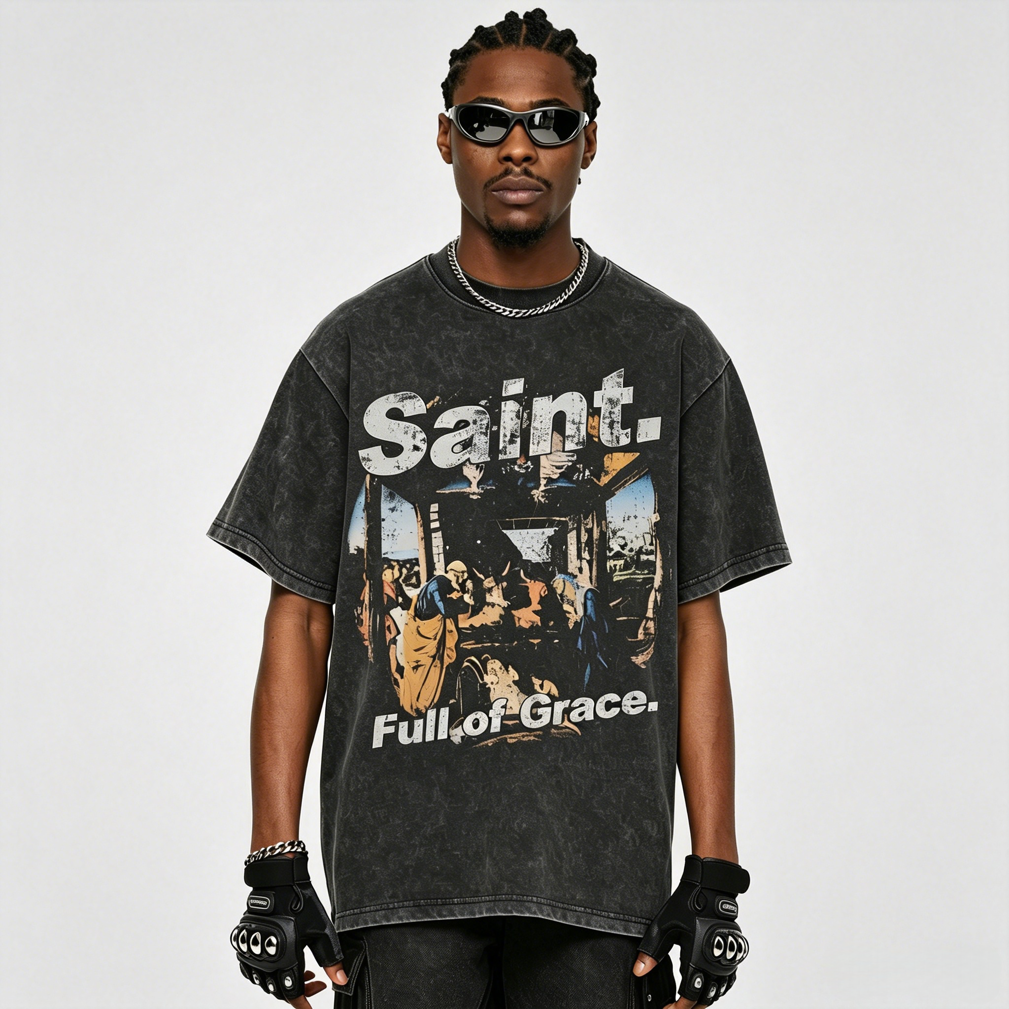 Vintage Distressed Washed "Saint. Full of Grace" Heavyweight Oversized T-Shirt