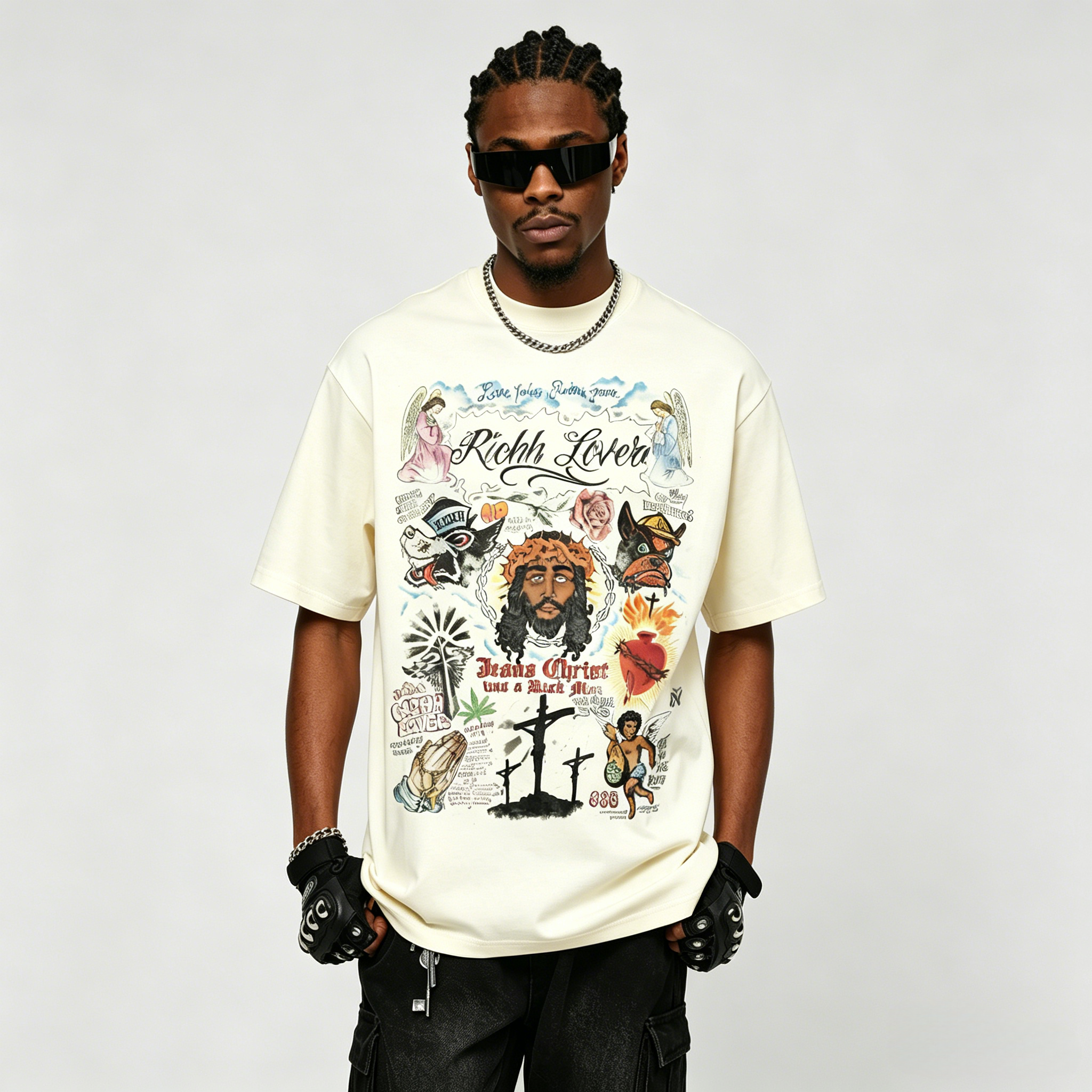 Jesus Christ Religious Tattoo Graffiti Oversized Streetwear Graphic Tee - Image 3