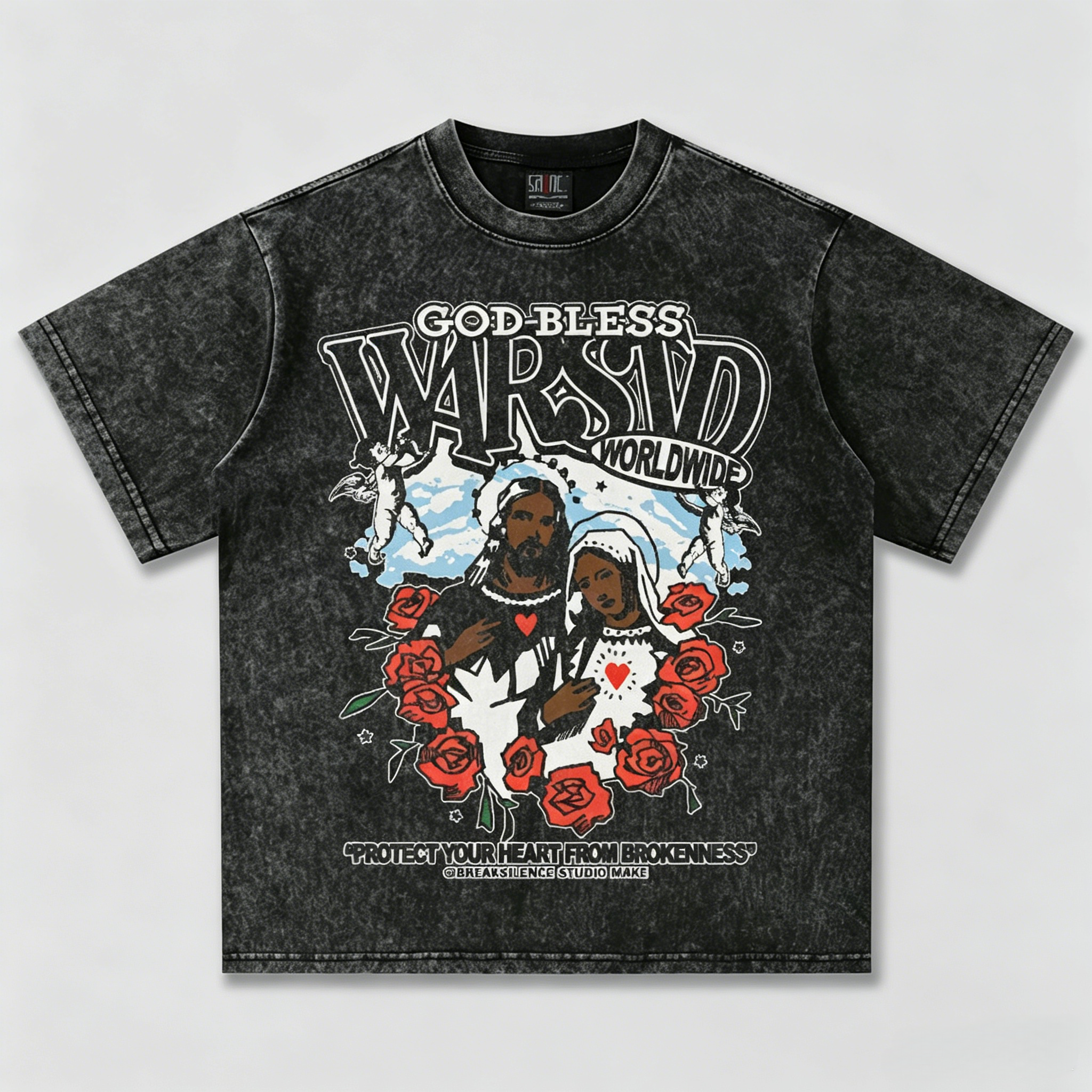 God Bless Vintage Religious Rose Print Oversized Streetwear T-Shirt - Image 2