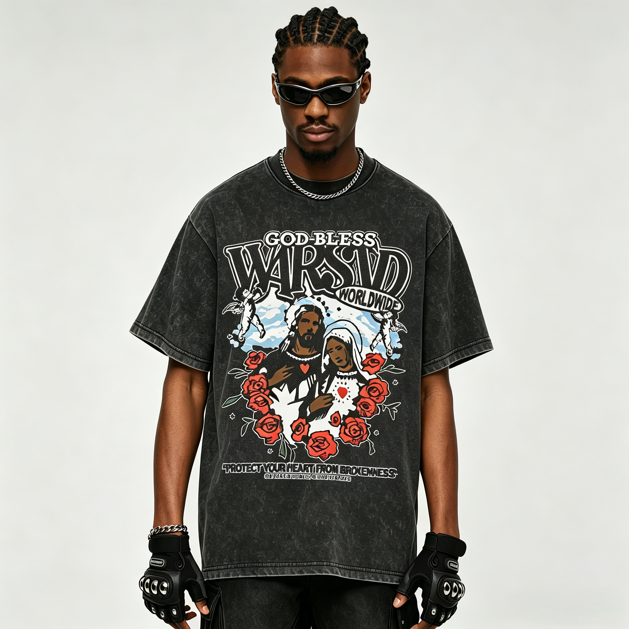 God Bless Vintage Religious Rose Print Oversized Streetwear T-Shirt